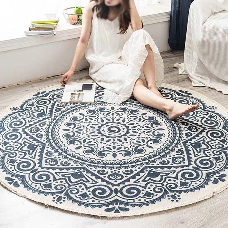 Round Boho Area Rug Geometric Cotton Design-Rugs & Mats > Area Rugs-casanuva-Blau-Schwarz-3'11" x 3'11"-casanuva