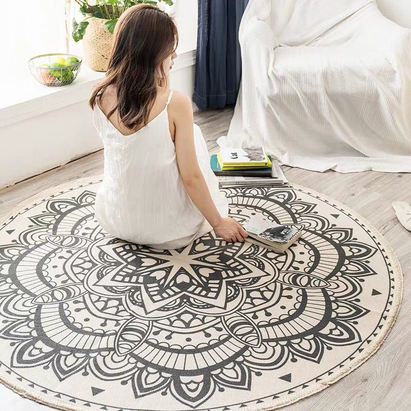 Round Boho Area Rug Geometric Cotton Design-Rugs & Mats > Area Rugs-casanuva-Dunkelblau-Schwarz-3'11" x 3'11"-casanuva