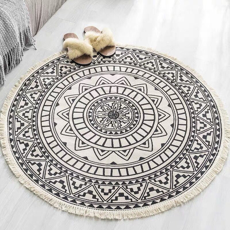 Round Boho Area Rug Geometric Cotton Design-Rugs & Mats > Area Rugs-casanuva-Grau-Schwarz-3'11" x 3'11"-casanuva
