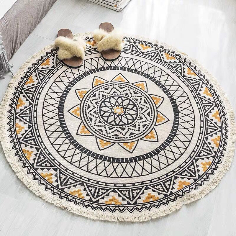 Round Boho Area Rug Geometric Cotton Design-Rugs & Mats > Area Rugs-casanuva-Schwarz-Gelb-3'11" x 3'11"-casanuva
