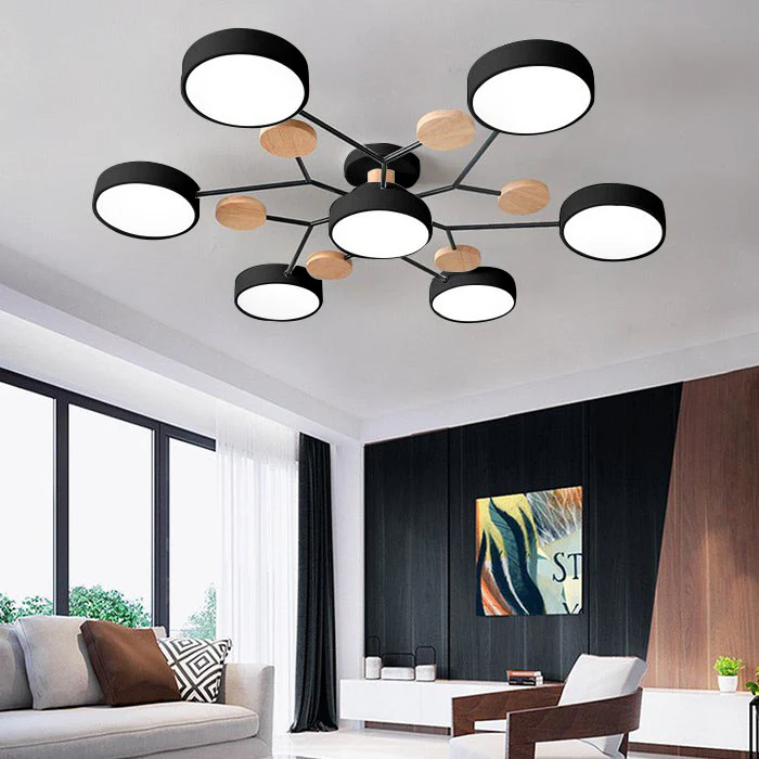 Round Iron LED Semi-Flush Chandelier-Lighting > Chandeliers & Pendant Lights-casanuva-Black-7Lights-D94*H14CM-White Light-casanuva
