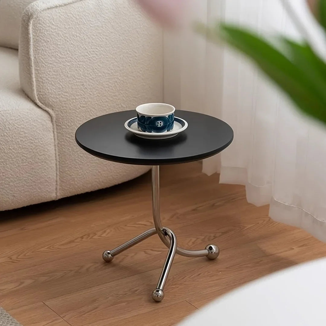 Round Side Table Vintage Wooden Top Metal Legs Timeless Design-Furniture > Side Tables-casanuva-Black-casanuva