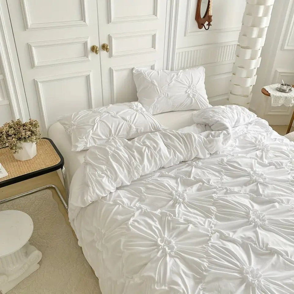 Ruffle Flower Duvet Cover Set Queen Size Cotton Bedding-Bedding & Bath > Bedding Sets-casanuva-casanuva