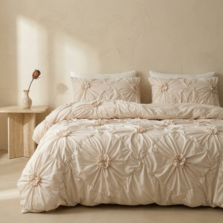 Ruffle Flower Duvet Cover Set Queen Size Cotton Bedding-Bedding & Bath > Bedding Sets-casanuva-casanuva