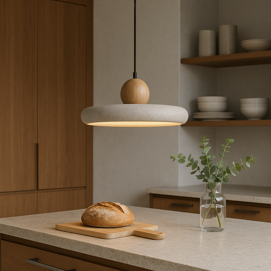 Rustic Travertine Pendant Light with Wood Accent-Lighting > Pendant Lights-casanuva-casanuva