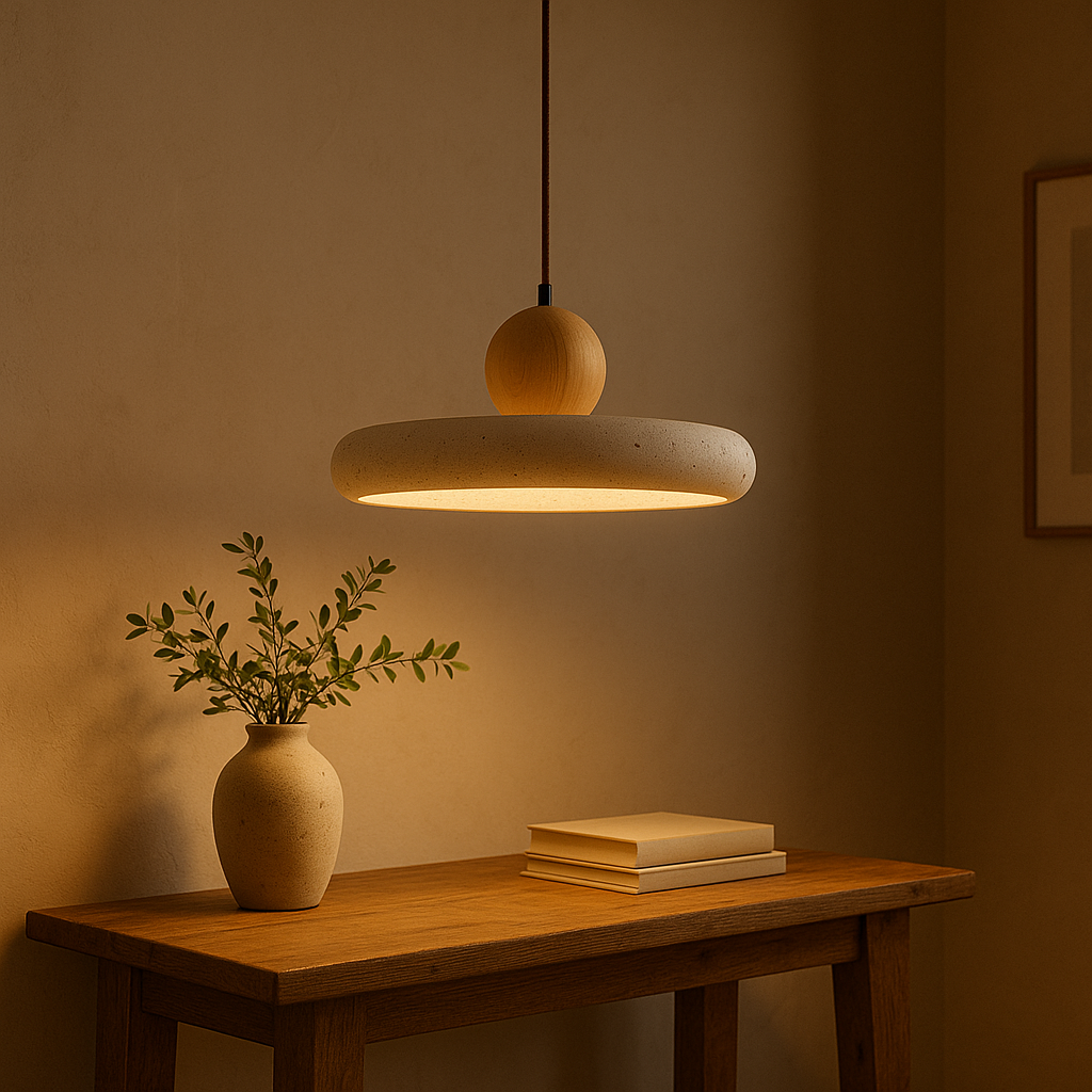 Rustic Travertine Pendant Light with Wood Accent-Lighting > Pendant Lights-casanuva-casanuva