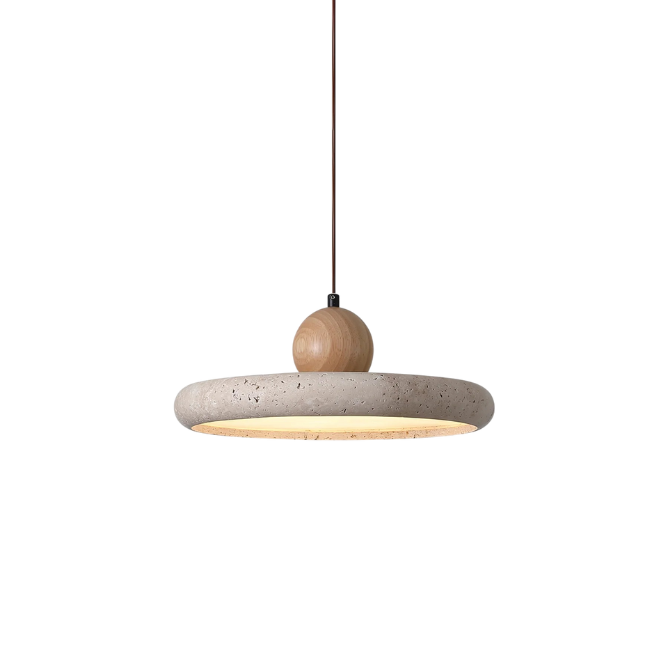 Rustic Travertine Pendant Light with Wood Accent-Lighting > Pendant Lights-casanuva-ø 30cm x H 11cm-casanuva