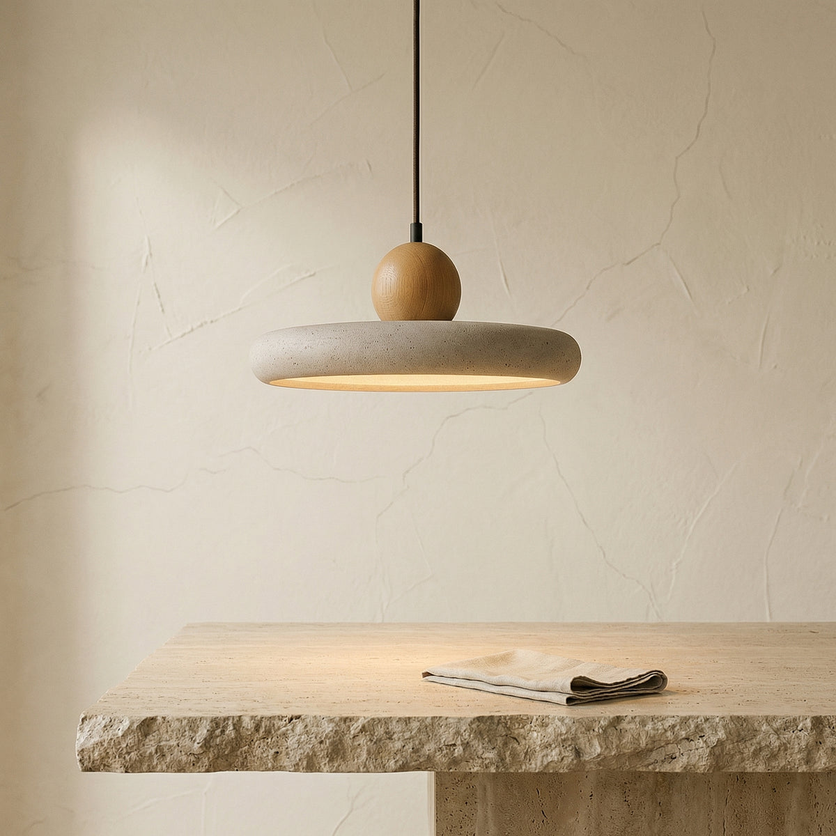 Rustic Travertine Pendant Light with Wood Accent-Lighting > Pendant Lights-casanuva-casanuva