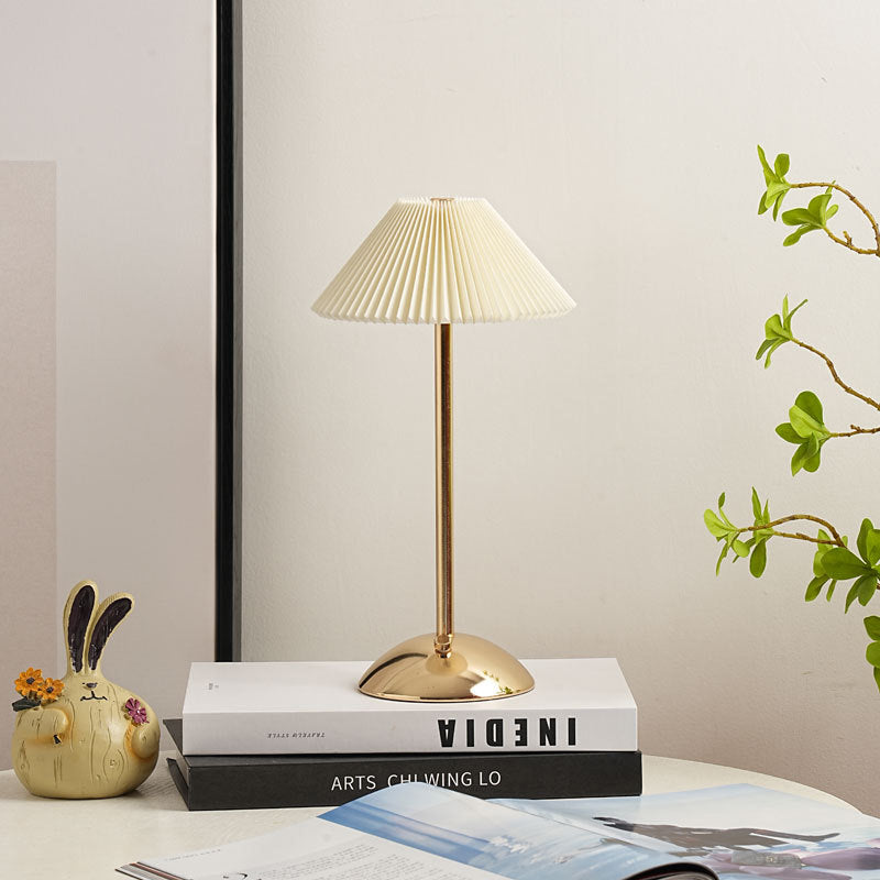 Scandinavian Rechargeable Conic Pleated Table Lamp 1-Light for Bedside-Lighting > Table Lamps-casanuva-Beige / + Gold Base-36V-casanuva
