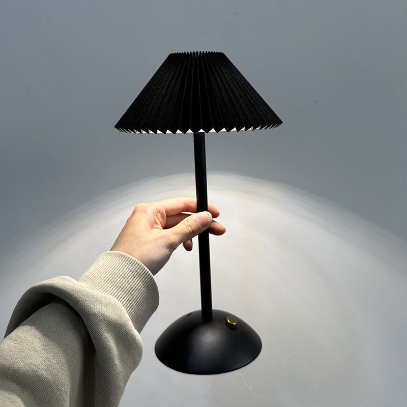 Scandinavian Rechargeable Conic Pleated Table Lamp 1-Light for Bedside-Lighting > Table Lamps-casanuva-Black / + Black Base-36V-casanuva