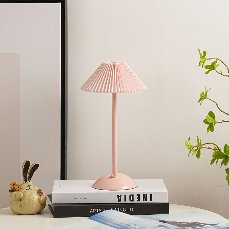 Scandinavian Rechargeable Conic Pleated Table Lamp 1-Light for Bedside-Lighting > Table Lamps-casanuva-Pink / + Pink Base-36V-casanuva