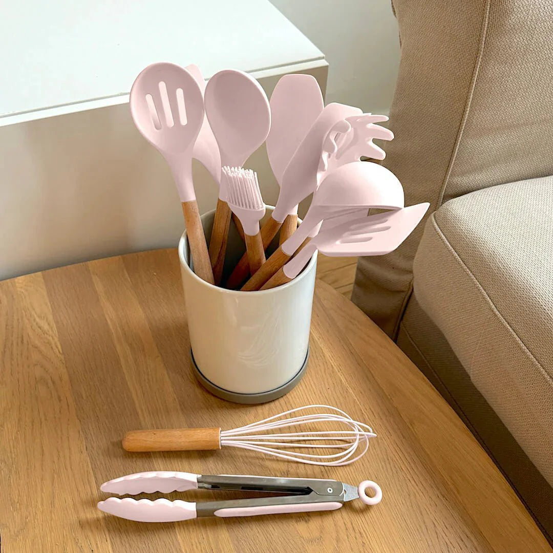 Silicone Cooking Utensil Set Non-Toxic BPA Free with Wooden Handles-Kitchen & Dining > Cooking Utensils-casanuva-casanuva