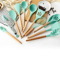 Silicone Cooking Utensil Set Non-Toxic BPA Free with Wooden Handles-Kitchen & Dining > Cooking Utensils-casanuva-11-Piece Set-Aqua-casanuva