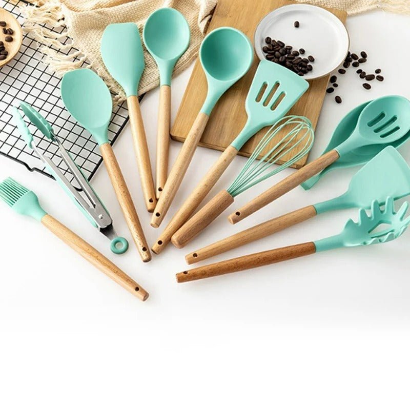 Silicone Cooking Utensil Set Non-Toxic BPA Free with Wooden Handles-Kitchen & Dining > Cooking Utensils-casanuva-11-Piece Set-Aqua-casanuva
