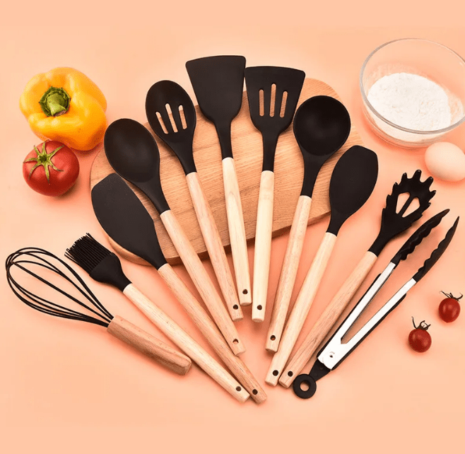 Silicone Cooking Utensil Set Non-Toxic BPA Free with Wooden Handles-Kitchen & Dining > Cooking Utensils-casanuva-11-Piece Set-Black-casanuva