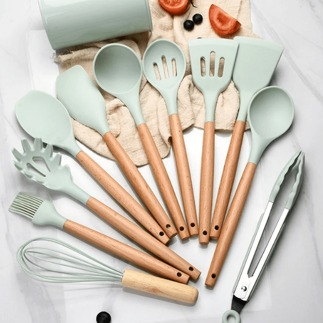 Silicone Cooking Utensil Set Non-Toxic BPA Free with Wooden Handles-Kitchen & Dining > Cooking Utensils-casanuva-11-Piece Set-Mint-casanuva