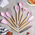 Silicone Cooking Utensil Set Non-Toxic BPA Free with Wooden Handles-Kitchen & Dining > Cooking Utensils-casanuva-11-Piece Set-Pink-casanuva