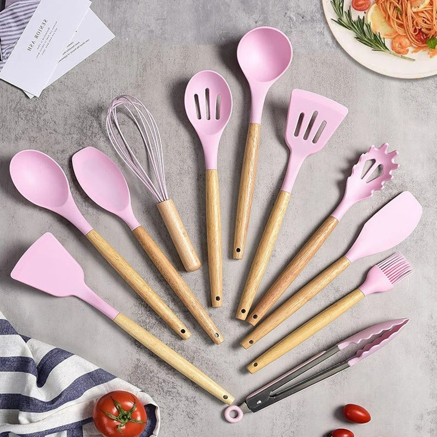 Silicone Cooking Utensil Set Non-Toxic BPA Free with Wooden Handles-Kitchen & Dining > Cooking Utensils-casanuva-11-Piece Set-Pink-casanuva