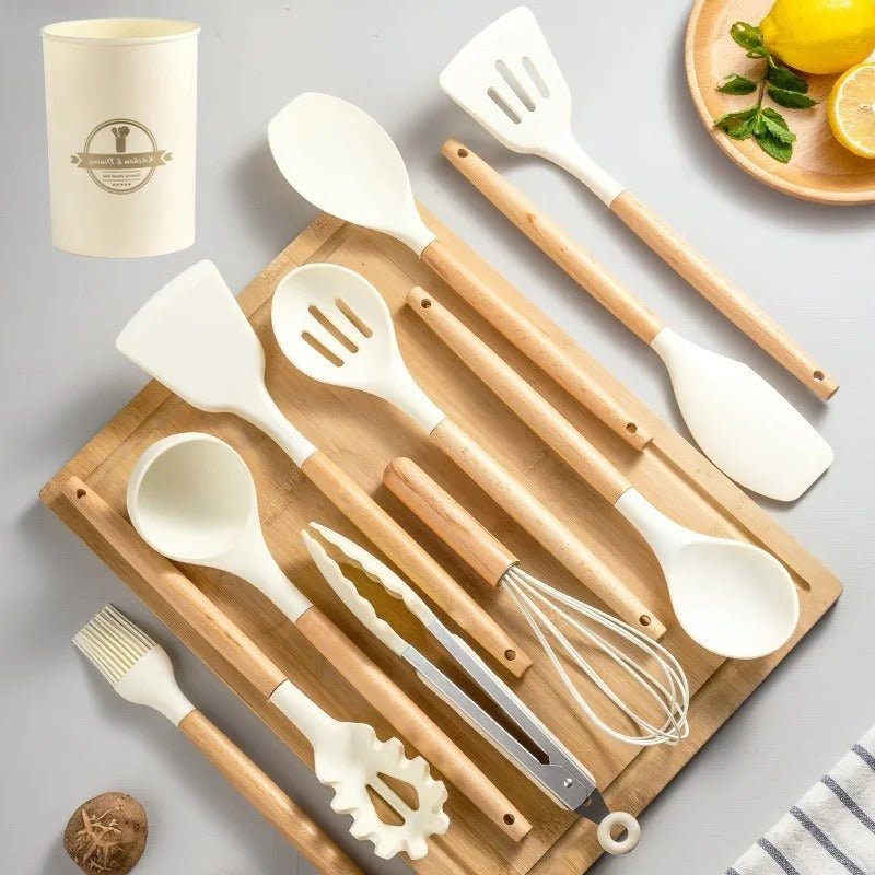 Silicone Cooking Utensil Set Non-Toxic BPA Free with Wooden Handles-Kitchen & Dining > Cooking Utensils-casanuva-11-Piece Set-White-casanuva