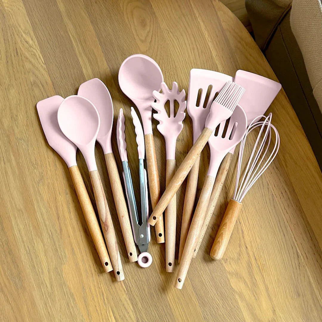 Silicone Cooking Utensil Set Non-Toxic BPA Free with Wooden Handles-Kitchen & Dining > Cooking Utensils-casanuva-casanuva