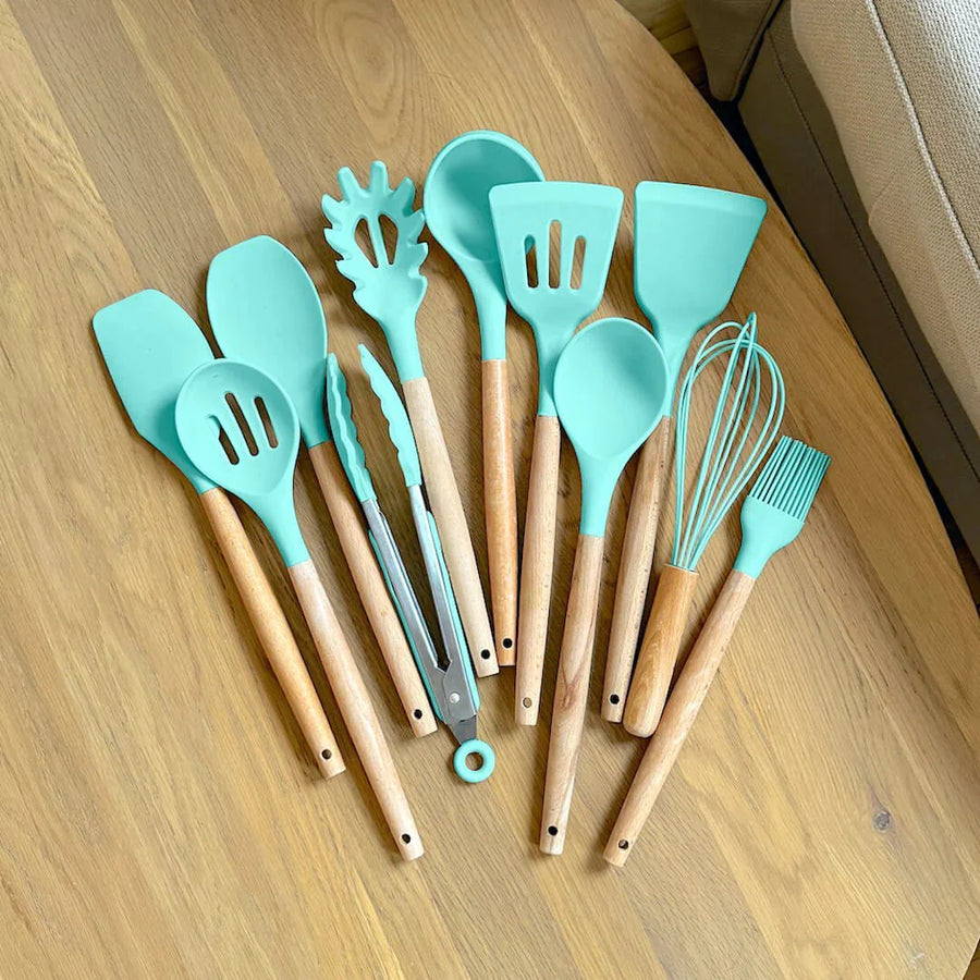 Silicone Cooking Utensil Set Non-Toxic BPA Free with Wooden Handles-Kitchen & Dining > Cooking Utensils-casanuva-casanuva
