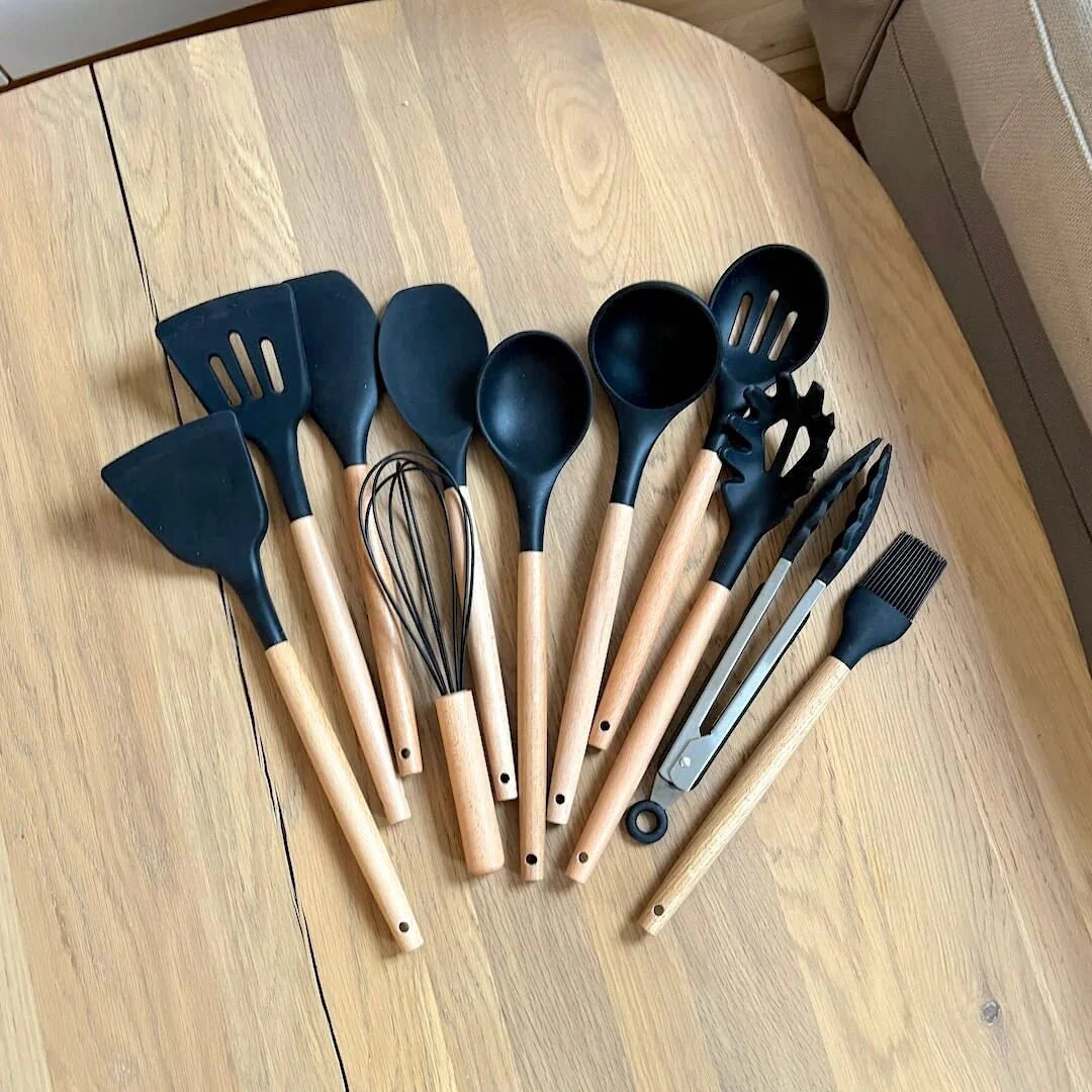 Silicone Cooking Utensil Set Non-Toxic BPA Free with Wooden Handles-Kitchen & Dining > Cooking Utensils-casanuva-casanuva
