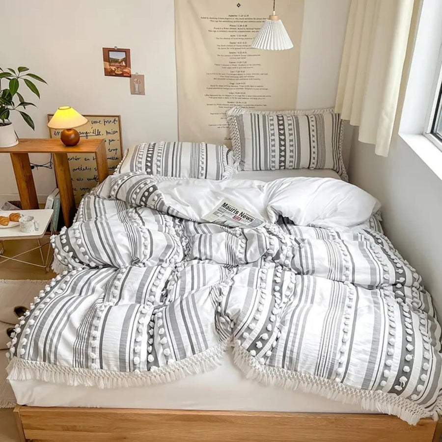 Soft Stripe Duvet Set with Tassels 3 Piece Set-Bedding & Bath > Bedding Sets-casanuva-casanuva