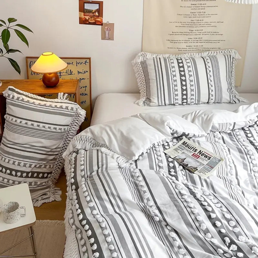 Soft Stripe Duvet Set with Tassels 3 Piece Set-Bedding & Bath > Bedding Sets-casanuva-casanuva