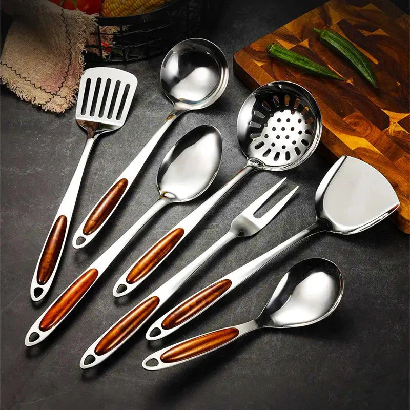 Stainless Steel Cooking Utensil Set with Wooden Handles 7 Pieces-Kitchen & Dining > Cooking Utensils-casanuva-7-Piece Set-casanuva