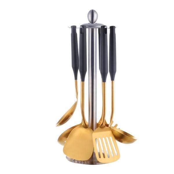 Stainless Steel Cooking Utensils Set 7-Piece Stockholm Lattea-Kitchen & Dining > Cooking Utensils-casanuva-Black Gold-casanuva