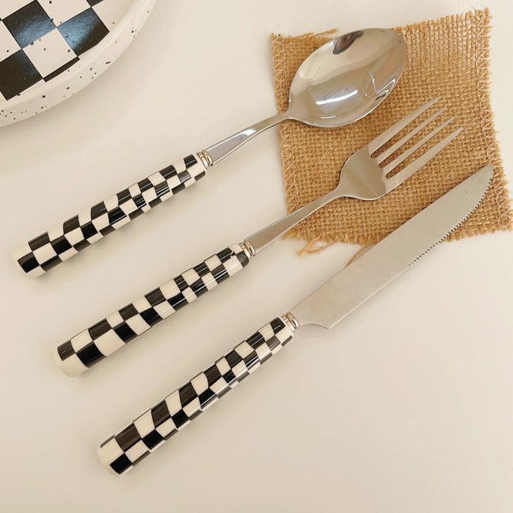 Stainless Steel Cutlery Set with Checkerboard Pattern-Kitchen & Dining > Cutlery-casanuva-Black-casanuva