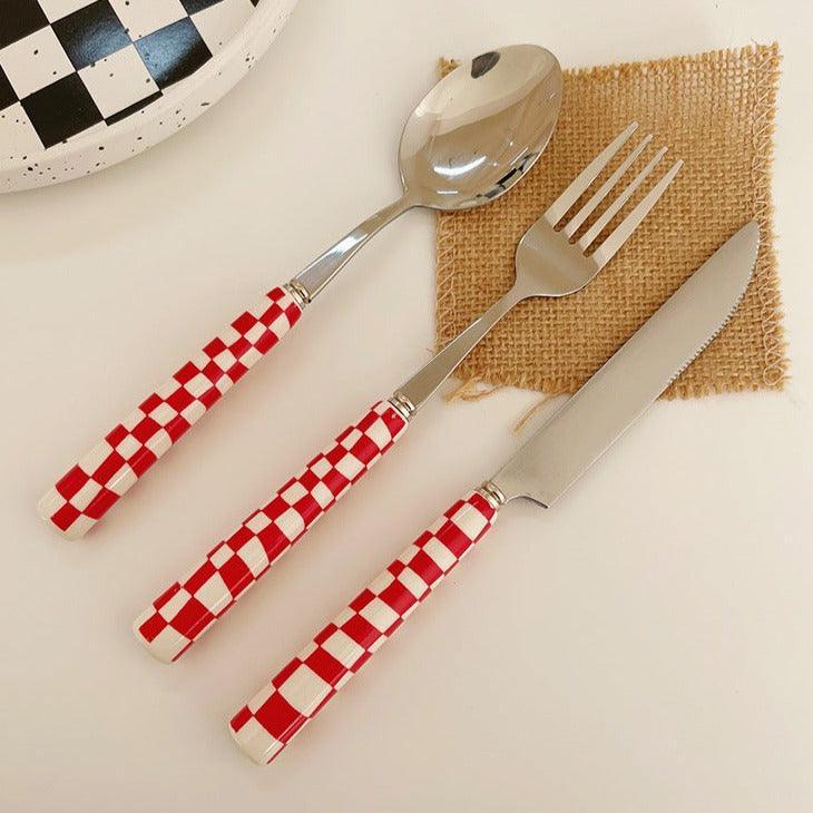 Stainless Steel Cutlery Set with Checkerboard Pattern-Kitchen & Dining > Cutlery-casanuva-Red-casanuva