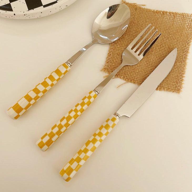 Stainless Steel Cutlery Set with Checkerboard Pattern-Kitchen & Dining > Cutlery-casanuva-Yellow-casanuva
