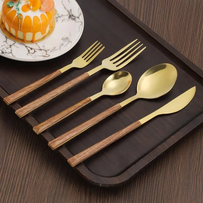Stainless Steel Cutlery Set with Wooden Handles-Kitchen & Dining > Cutlery-casanuva-Gold-30pcs-casanuva