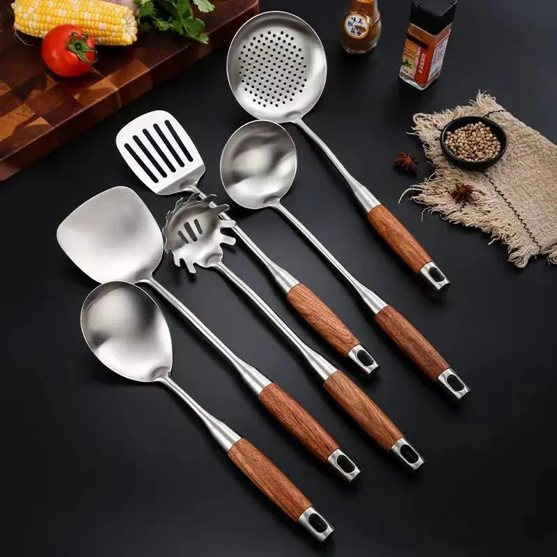 Stainless Steel Kitchen Utensil Set with Wooden Handles-Kitchen & Dining > Cooking Utensils-casanuva-Silver 6 pcs-casanuva