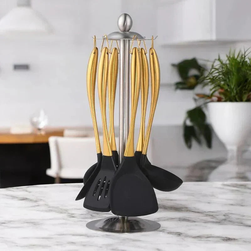 Stainless Steel Non-Stick Utensil Set-Kitchen & Dining > Cooking Utensils-casanuva-Gold-6-Piece + Stand Set-casanuva