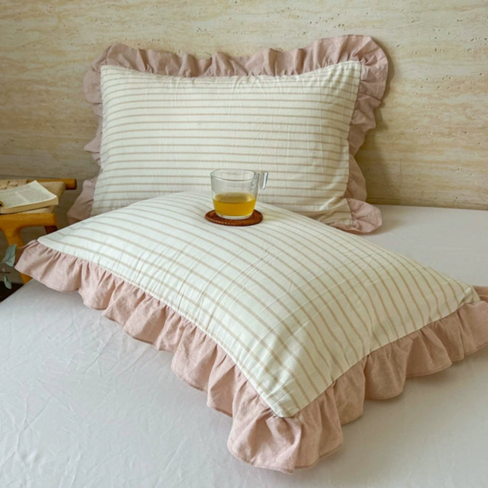 Striped Lace Pillowcases with Ruffles in Assorted Colors-Bedding & Bath > Pillowcases-casanuva-Cream Pinstripe-1 pc-casanuva