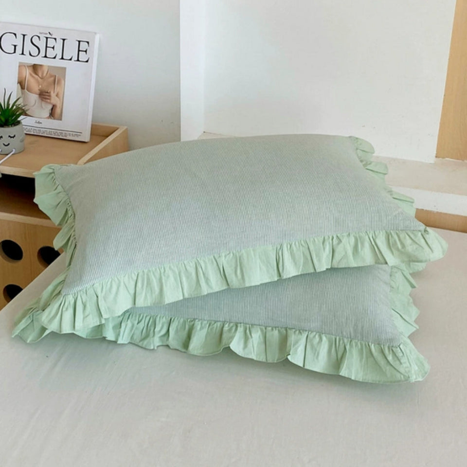 Striped Lace Pillowcases with Ruffles in Assorted Colors-Bedding & Bath > Pillowcases-casanuva-Mint Frost-1 pc-casanuva