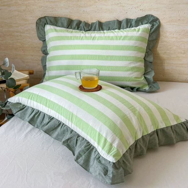 Striped Lace Pillowcases with Ruffles in Assorted Colors-Bedding & Bath > Pillowcases-casanuva-Mint Glow-1 pc-casanuva