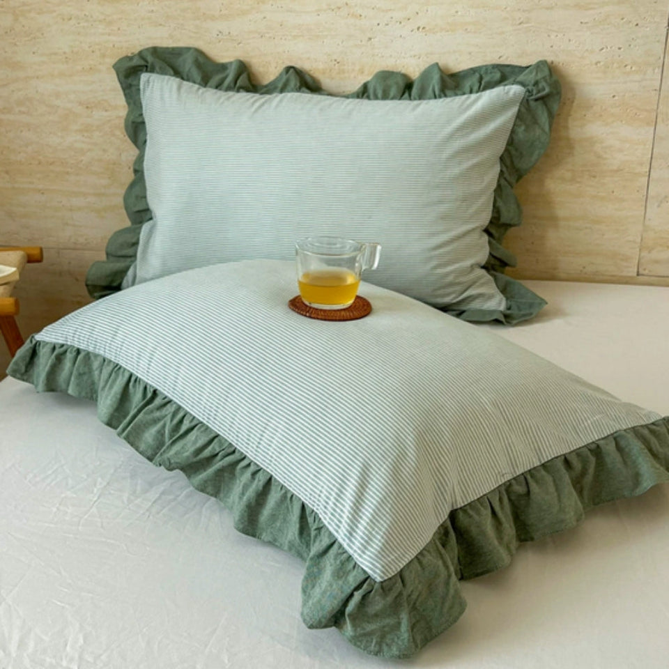 Striped Lace Pillowcases with Ruffles in Assorted Colors-Bedding & Bath > Pillowcases-casanuva-Olive Pinstripe-1 pc-casanuva