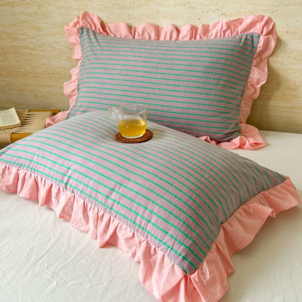 Striped Lace Pillowcases with Ruffles in Assorted Colors-Bedding & Bath > Pillowcases-casanuva-Rose Stripe-1 pc-casanuva