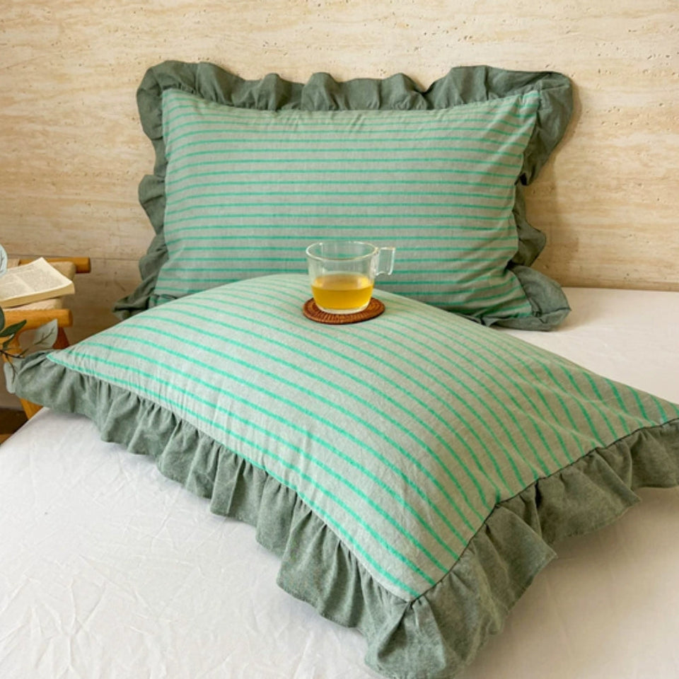 Striped Lace Pillowcases with Ruffles in Assorted Colors-Bedding & Bath > Pillowcases-casanuva-Sage Stripe-1 pc-casanuva