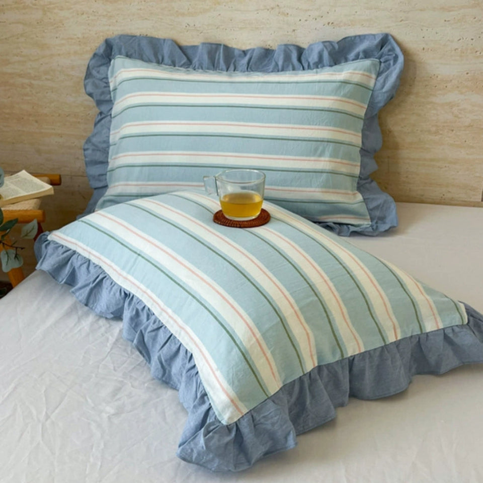 Striped Lace Pillowcases with Ruffles in Assorted Colors-Bedding & Bath > Pillowcases-casanuva-Sky Stripe-1 pc-casanuva