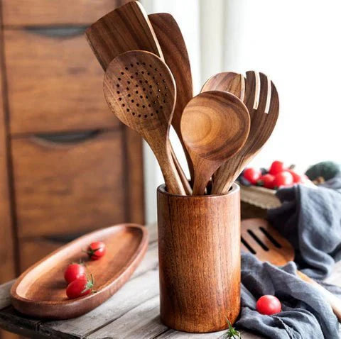 Teak Wood Kitchen Utensil Holder-Kitchen & Dining > Cooking Utensils-casanuva-casanuva