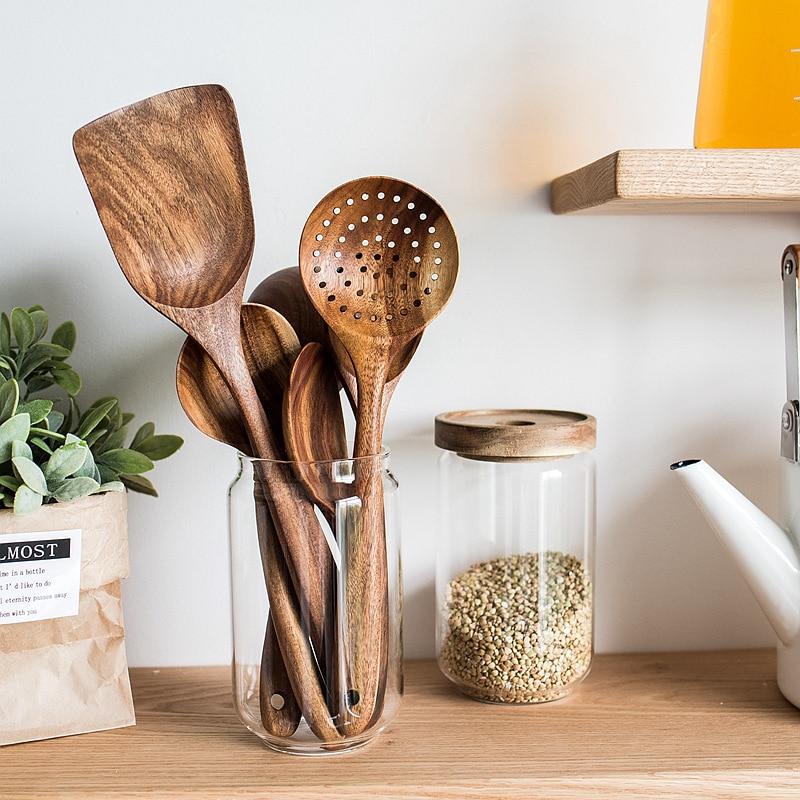 Teak Wood Kitchen Utensil Set Natural Finish-Kitchen & Dining > Cooking Utensils-casanuva-casanuva