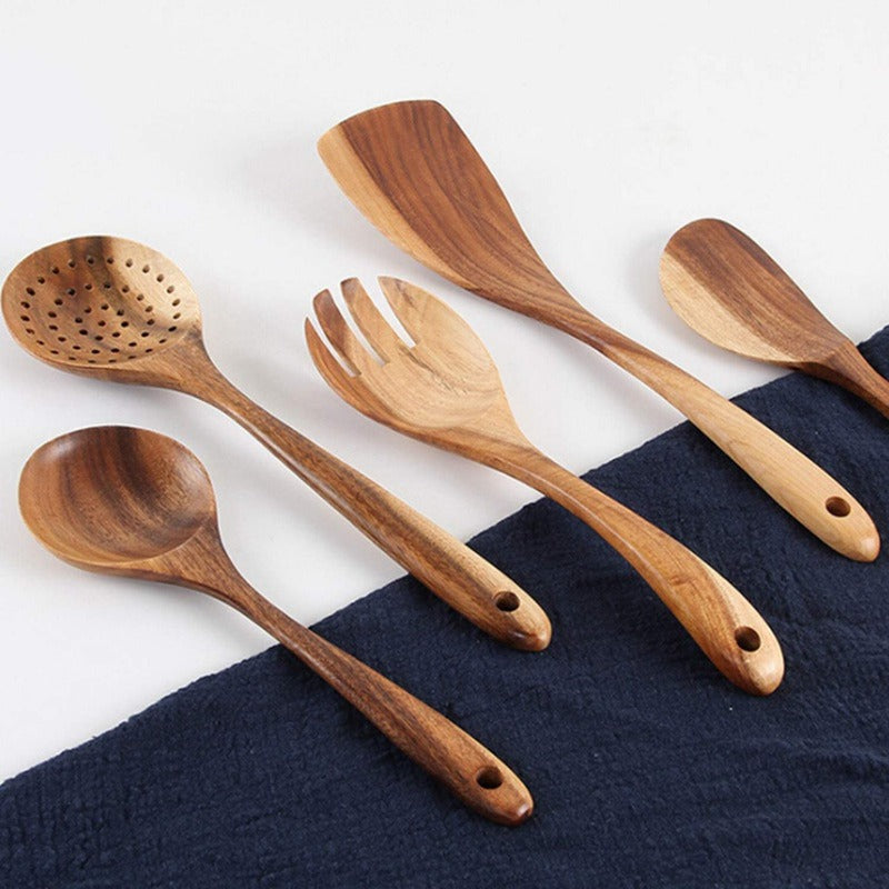 Teak Wood Kitchen Utensil Set Natural Finish-Kitchen & Dining > Cooking Utensils-casanuva-casanuva