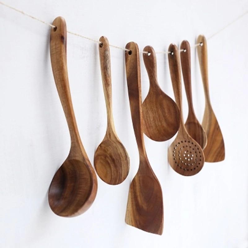 Teak Wood Kitchen Utensil Set Natural Finish-Kitchen & Dining > Cooking Utensils-casanuva-casanuva