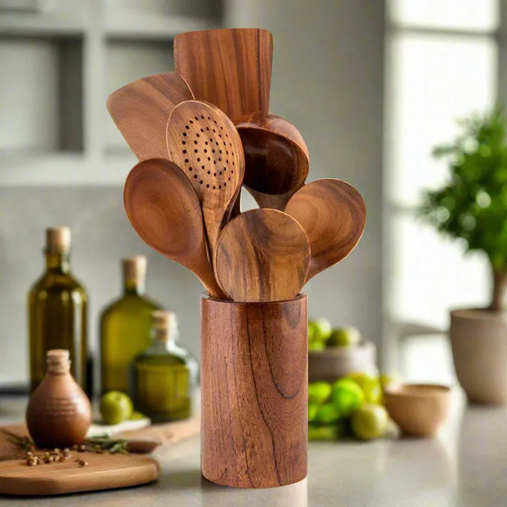 Teak Wood Kitchen Utensils Set-Kitchen & Dining > Cooking Utensils-casanuva-7-Piece Set with Holder-casanuva