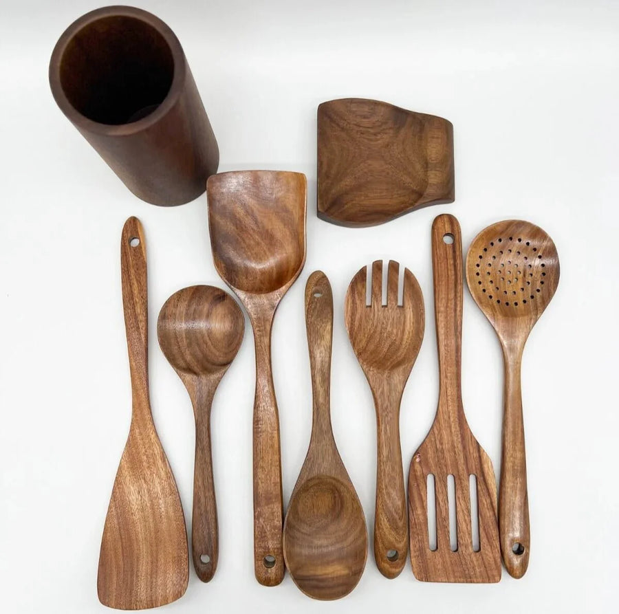 Teak Wood Kitchen Utensils Set-Kitchen & Dining > Cooking Utensils-casanuva-9-Piece Set with Holder-casanuva