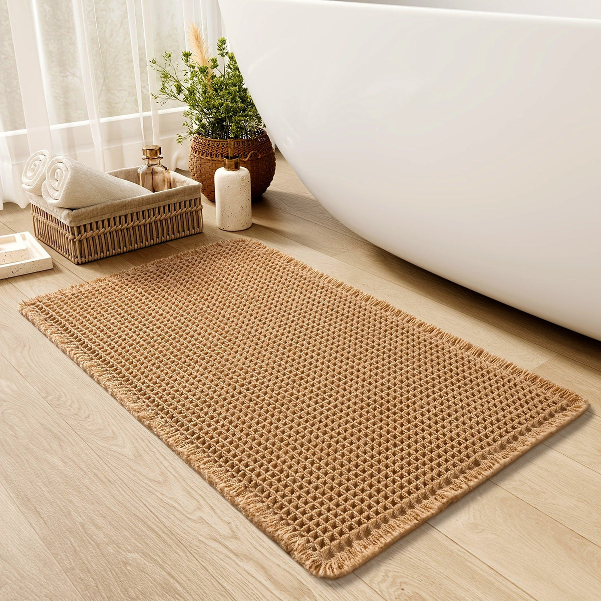 Ultra-absorbent Waffle Bath Mat with Tassels and Non-slip Backing-Bedding & Bath > Bath Mats-casanuva-casanuva
